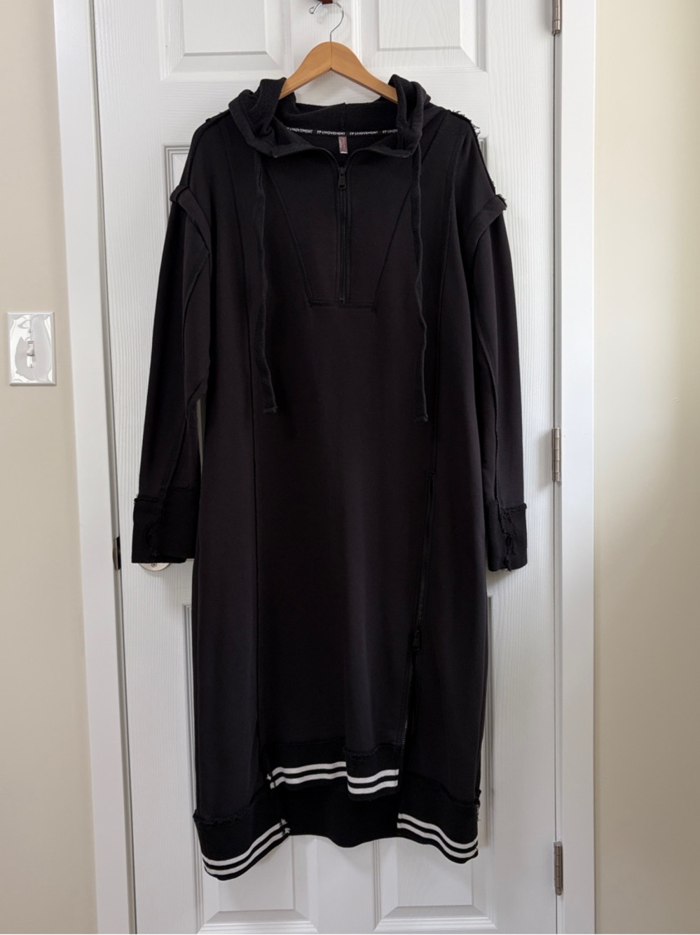 FP Movement by Free People Black Hooded Long-Sleeve Midi Dress with Striped Hem